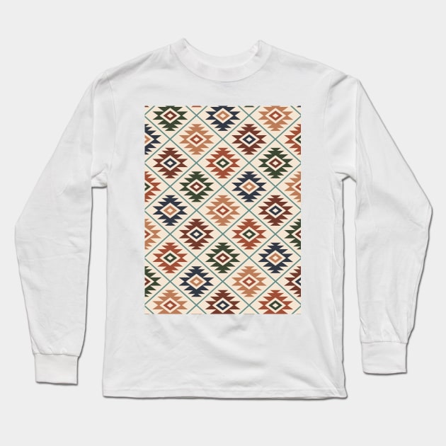 Aztec Symbol Color on Cream Repeat Pattern Long Sleeve T-Shirt by NataliePaskell